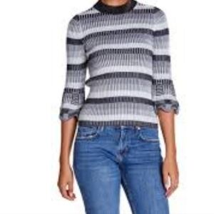 Michael Stars Women's Knit Ribbed Striped Mock Neck Flare Sleeve Gray Sweater S